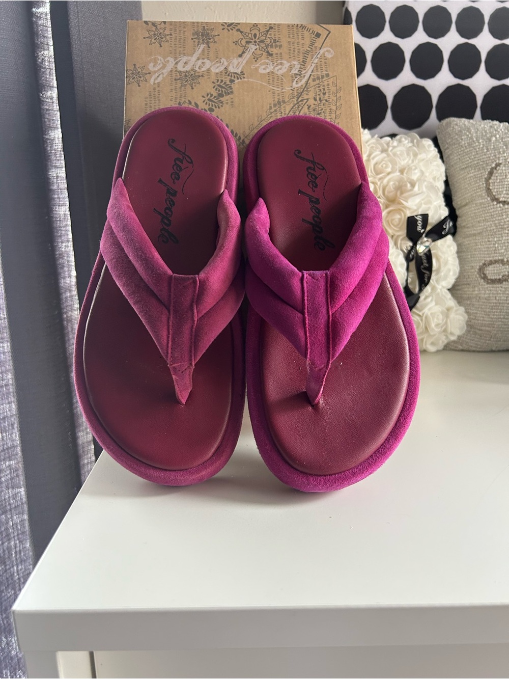 Free People Bright Fuchsia Suede Thong Sandals